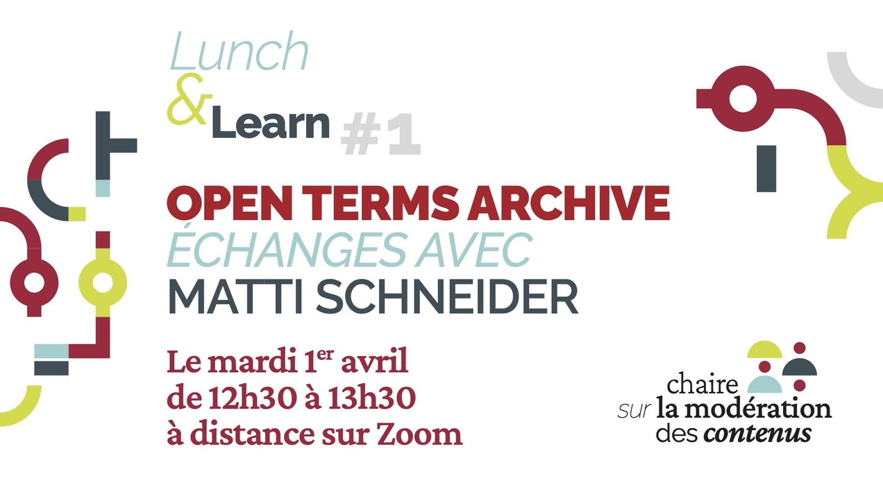 Slide décrivant les informations générales sur le Lunch and Learn 1 et logo de la chaire sur la modération des contenus