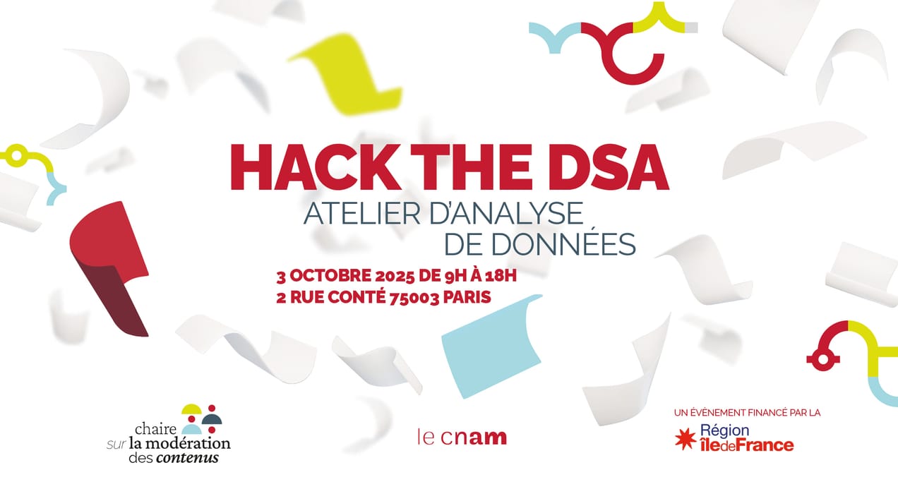 Affiche de l'évènement Hack the DSA avec des feuilles volantes qui représentant les nombreuses données
