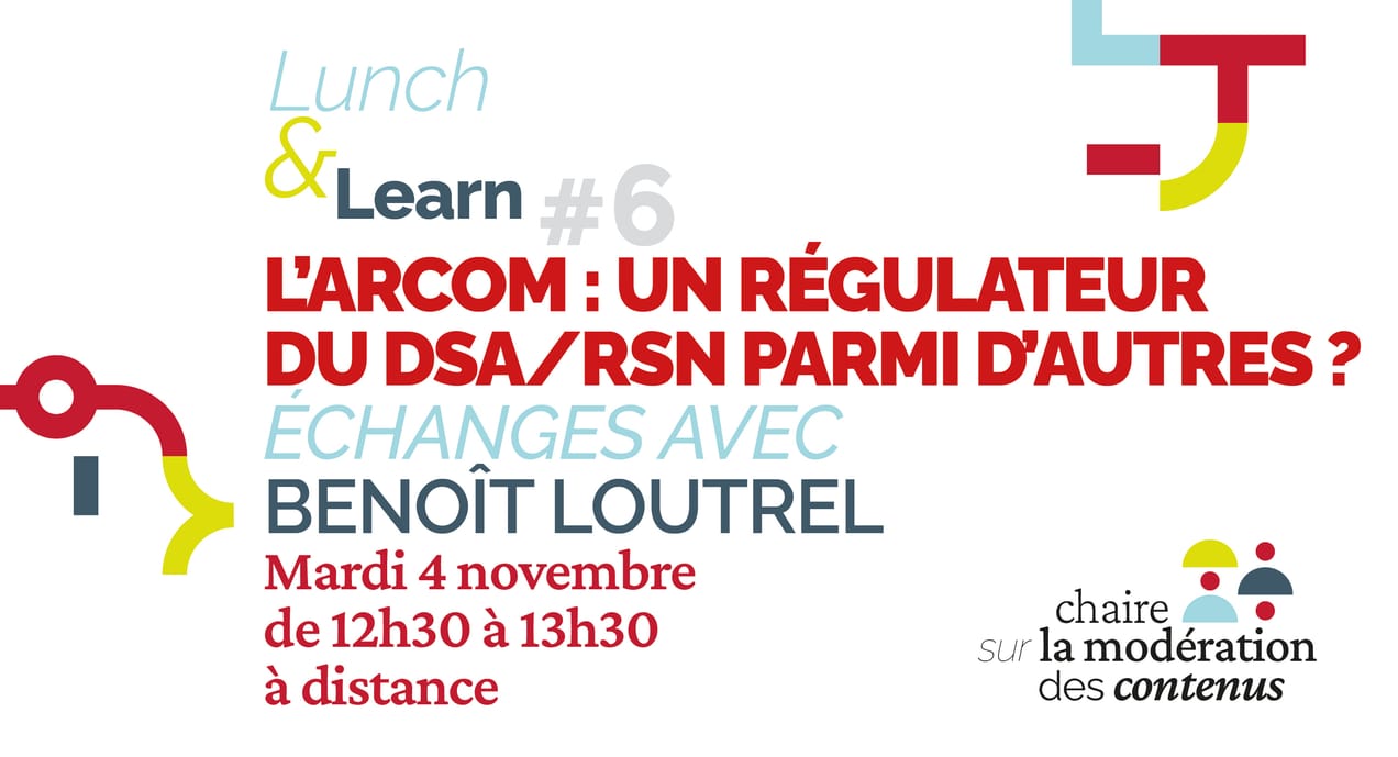 Slide décrivant les informations générales sur le Lunch and Learn 6 et logo de la chaire sur la modération des contenus