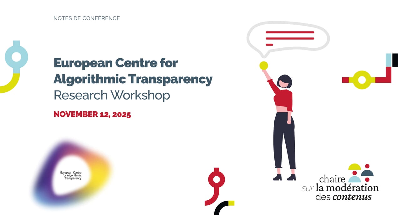 Poster text: 'Notes de conférence', 'European Centre for Algorithmic Transparency Research Workshop', Nov 12, 2025. Bottom shows ECAT and Chair on Content Moderation logos.