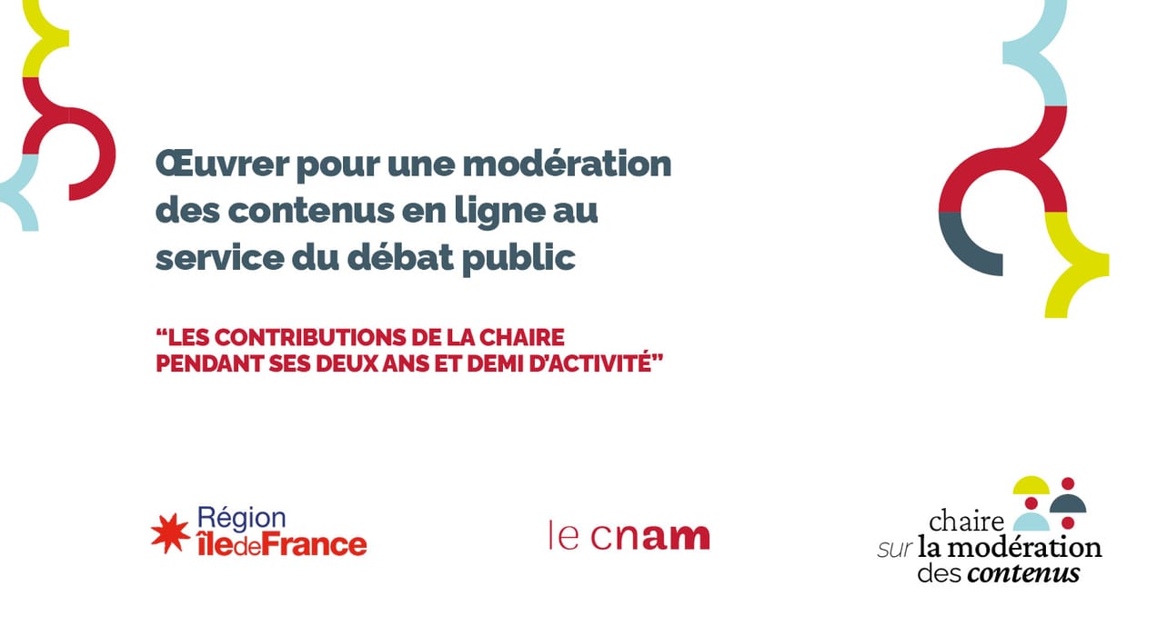Slide avec les logos de la région Île-de-France, Le Cnam et la Chaire sur la modération des contenus avec le titre du projet